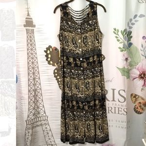 R&K Originals Maxi Dress Button Front Sleeveless Black/Brown Print Size 12